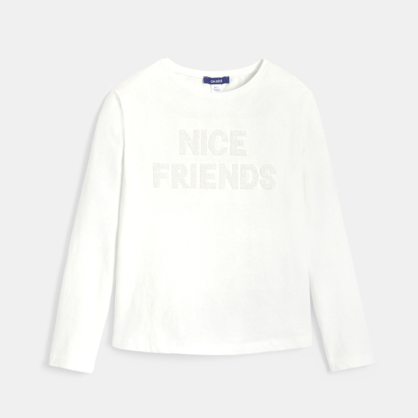 تيشيرت أبيض بأكمام طويلة بنقش ترتر للفتيات